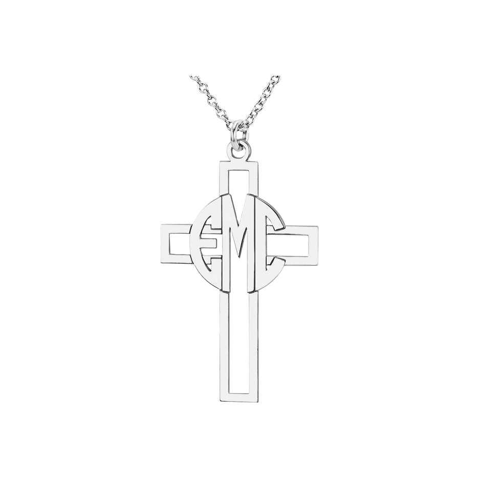 Three Letter Block Monogram Cross Necklace