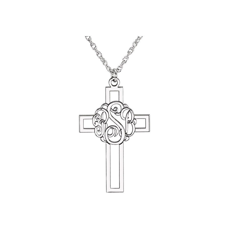 Three Letter Script Monogram Cross Necklace