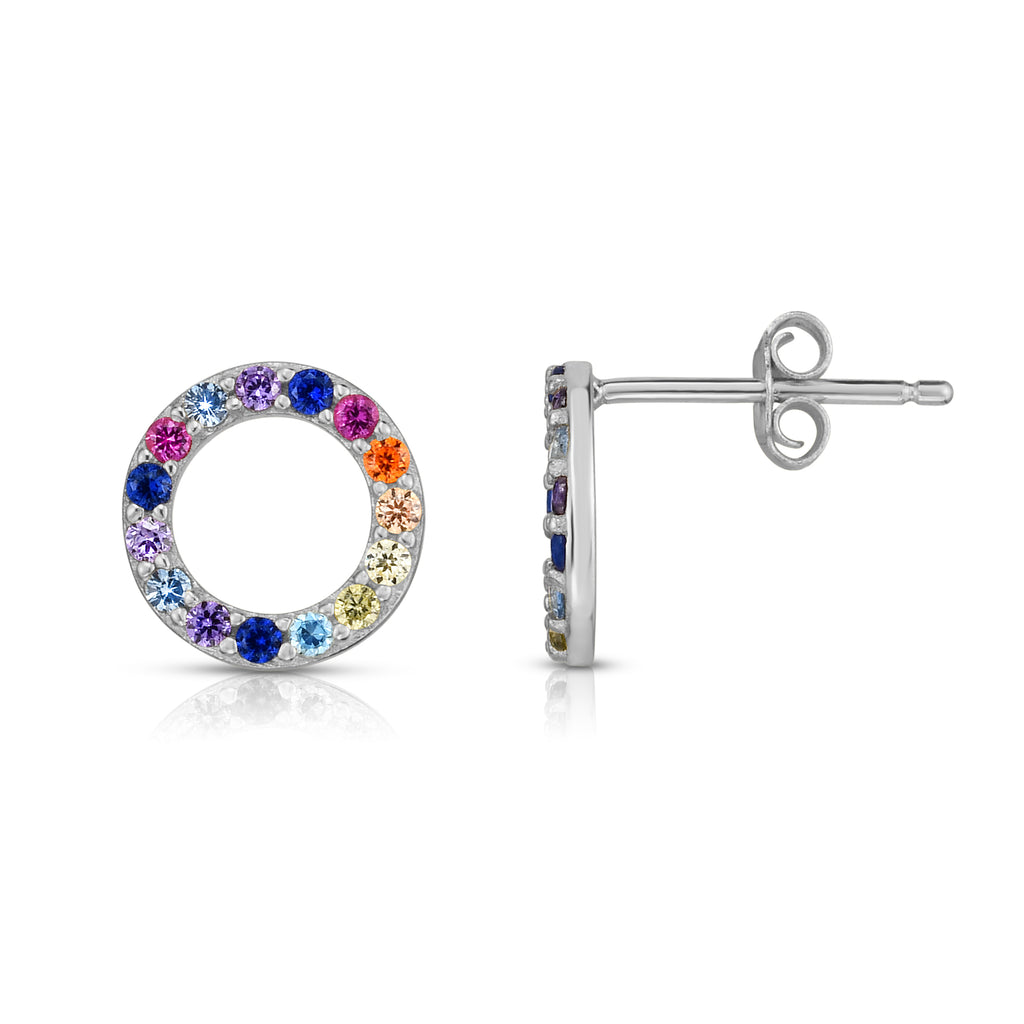 Rainbow Stone Open Circle Stud Sterling Silver Earrings