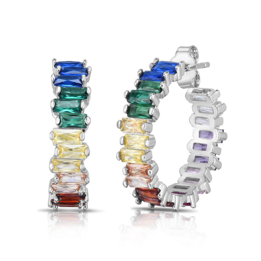 Rainbow Stone Scattered Sterling Silver Hoop Earrings