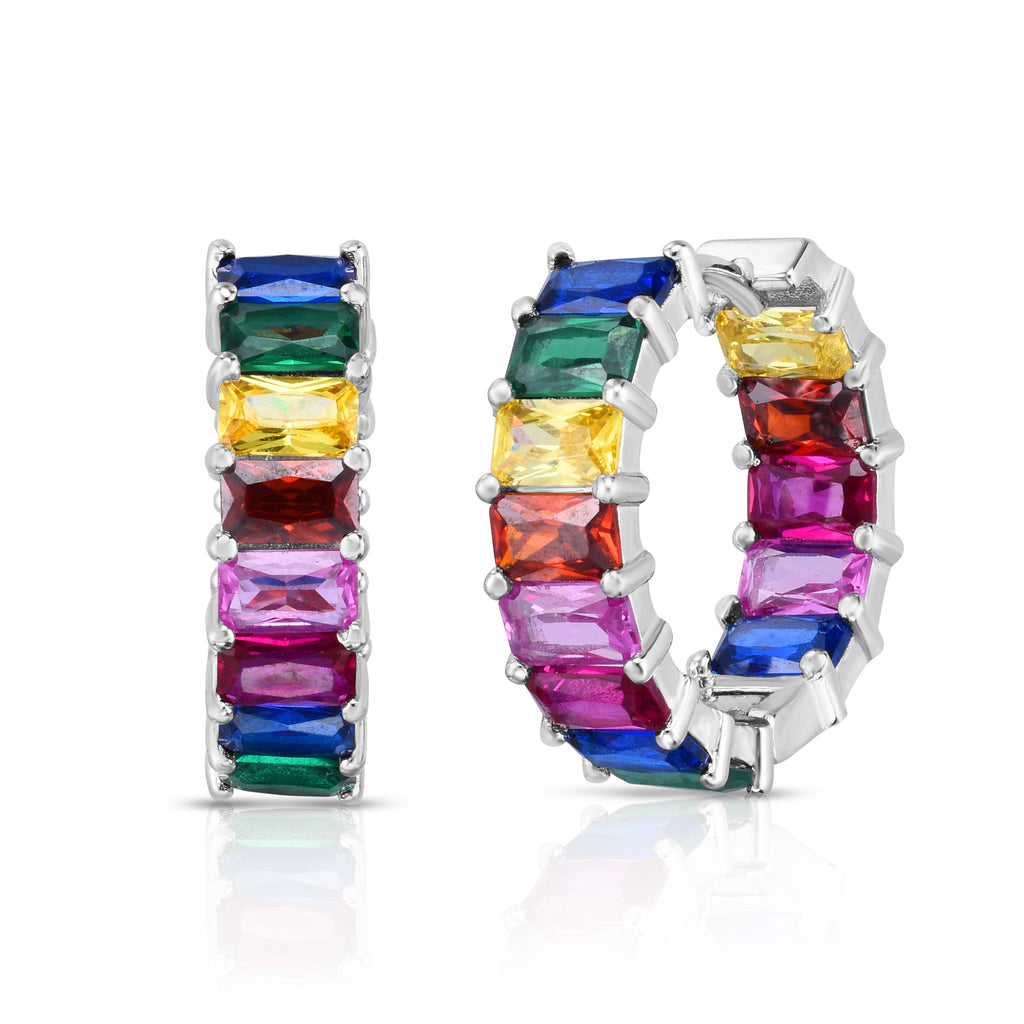 Rainbow Stone Set Sterling Silver Hoop Earrings