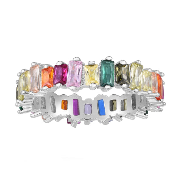 Rainbow Stone Scattered Bars Sterling Silver Ring