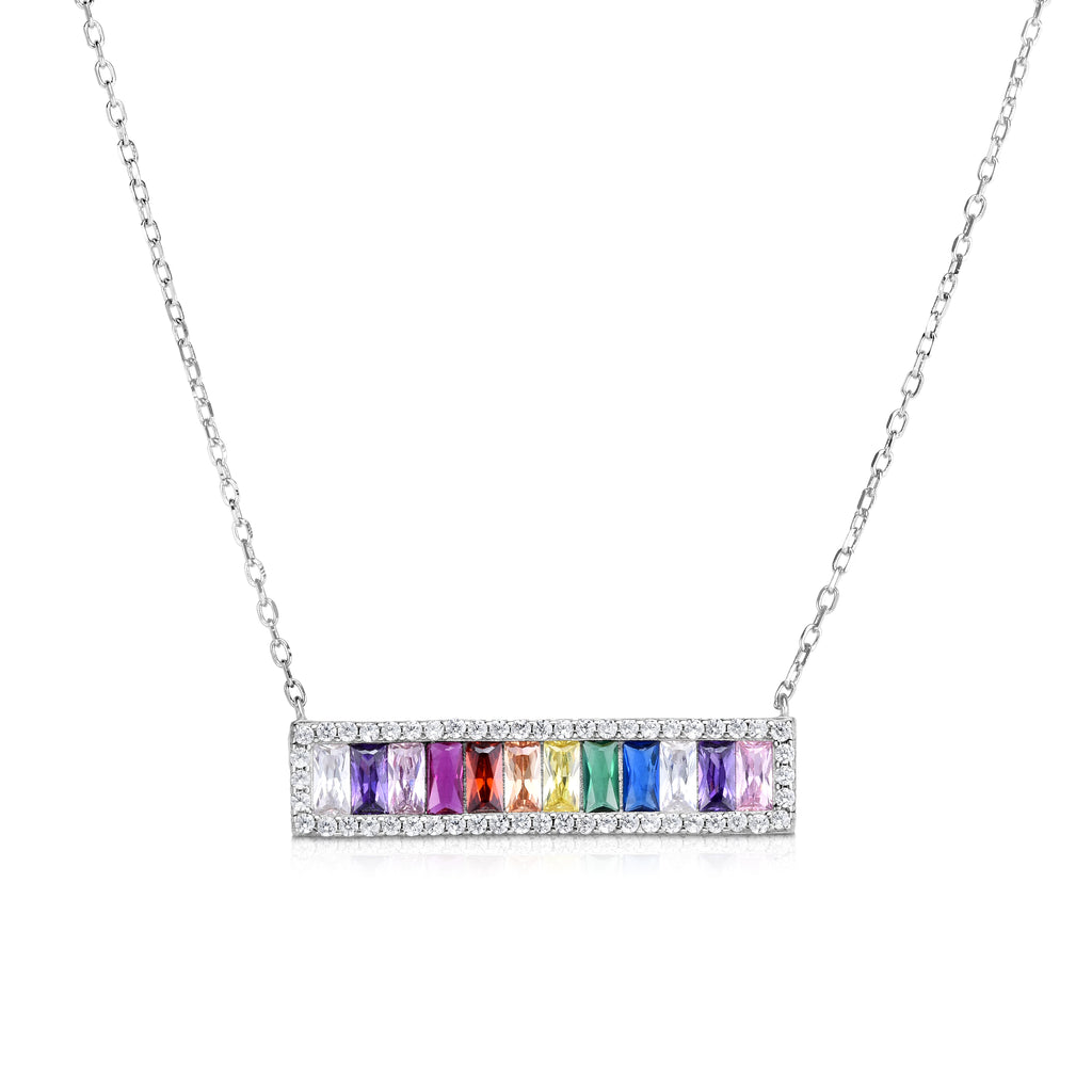 Rainbow Stone & Cubic Zirconia Straight Bar Sterling Silver Necklace