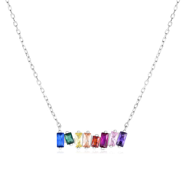 Rainbow Stone Scattered Bar Sterling Silver Necklace