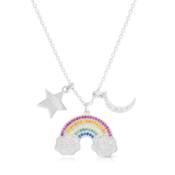 Rainbow Stone Moon & Stars Charms Sterling Silver Necklace