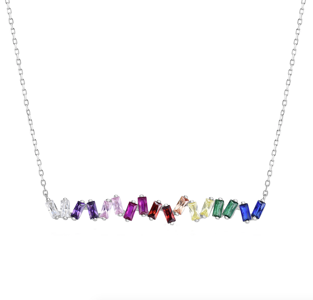 Rainbow Stone Wide Scattered Bar Sterling Silver Necklace