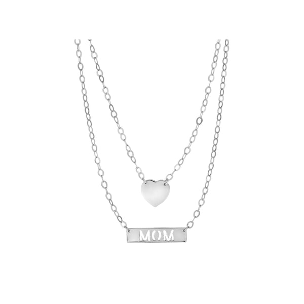 Sterling Silver Double Layer Heart & Mom Bar Necklace