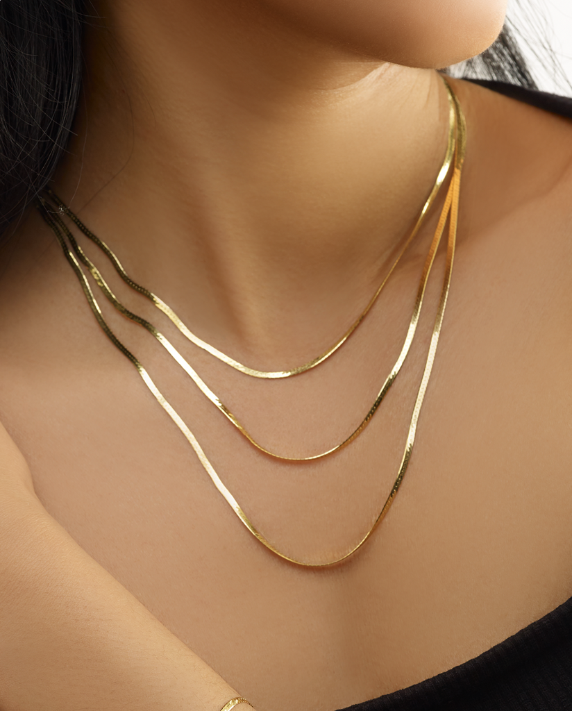 14K Gold Three Strand Layered Herringbone Necklace
