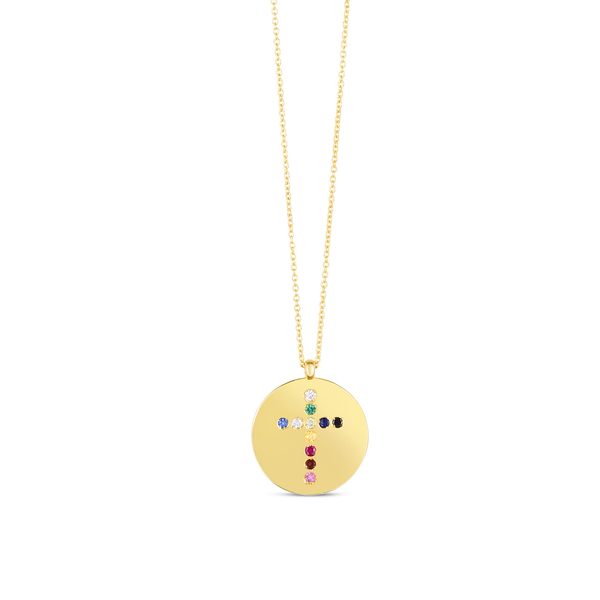 14K Gold Gemstone Rainbow Cross Medallion Necklace